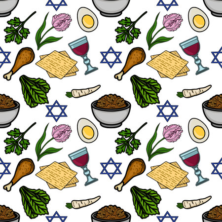 Seamless vector pattern of Pesach Seder plate items and symbols, a festive celebration of Jewish tradition.のイラスト素材