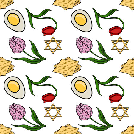 Seamless vector pattern with matzah, hard-boiled eggs, tulips, and Star of David for Passoverのイラスト素材