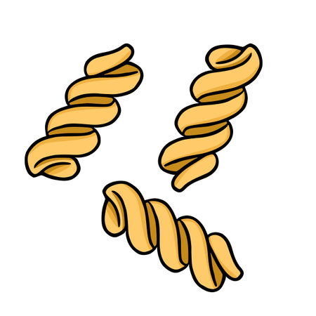 Vector illustration of three golden fusilli pasta shapes on a white backgroundのイラスト素材