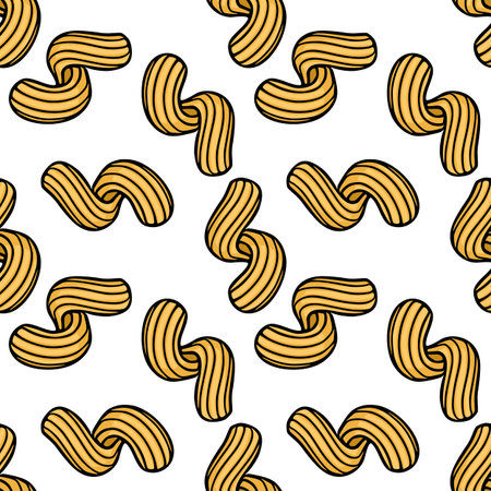 Seamless vector pattern of golden pasta shapes with ribbed texture on white backgroundのイラスト素材