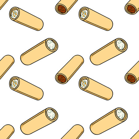 Seamless vector pattern of delicious cannelloni pasta with creamy filling and meat sauce, isolated on white background.のイラスト素材