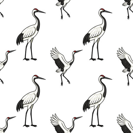 Seamless vector pattern illustration of elegant red-crowned cranes in various poses, perfect for textile and wallpaper designsのイラスト素材