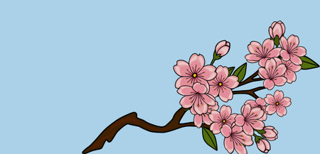 Delicate pink cherry blossom branch vector banner with buds and green leaves on a pastel blue backgroundのイラスト素材