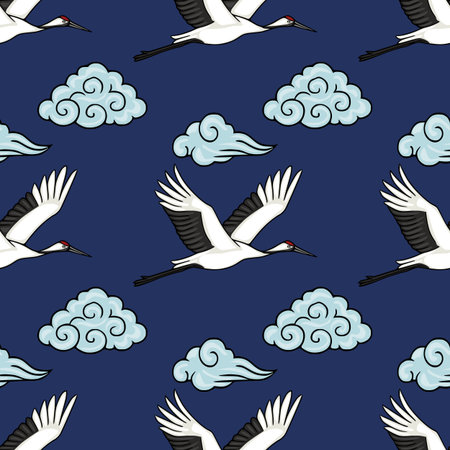 Seamless vector pattern of red-crowned cranes flying through stylized clouds on a dark blue background.のイラスト素材
