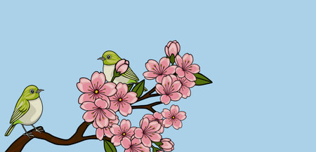 Charming vector illustration of two Japanese white-eye birds perched on a blooming cherry blossom branch, set against a soft blue sky.のイラスト素材