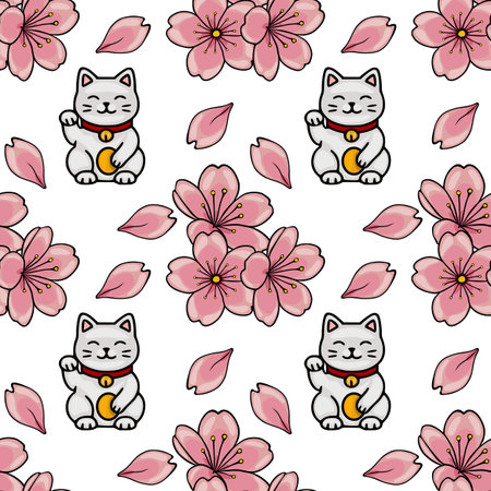 Cute Maneki Neko Cats and Pink Cherry Blossom Petals Seamless Vector Patternのイラスト素材