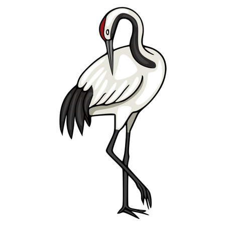 Red-crowned crane vector illustration, elegant bird in profile, isolated on whiteのイラスト素材