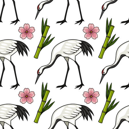 Japanese Red-crowned Crane and Cherry Blossom vector pattern, seamless, nature illustrationのイラスト素材