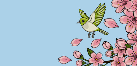 Vector illustration of a cute bird flying near pink cherry blossoms and falling petals on a light blue background.のイラスト素材