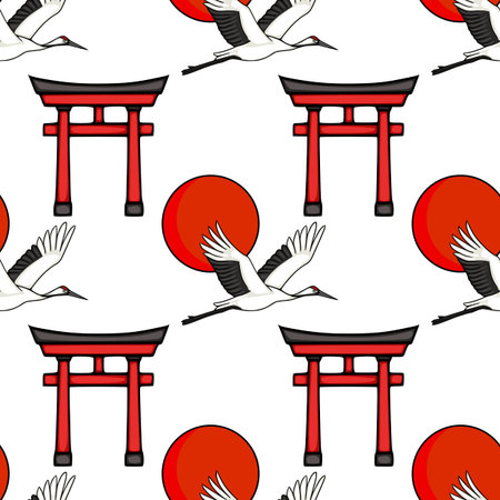 Seamless vector pattern of Japanese Torii gates, red sun, and elegant cranes in flightのイラスト素材