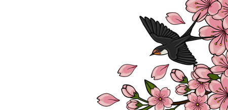 Vector illustration of a swallow bird flying among blooming sakura cherry blossoms with falling petals, spring bannerのイラスト素材