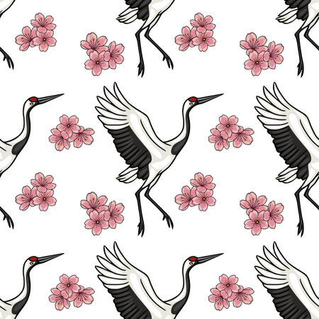 Seamless vector pattern of red-crowned cranes in flight amidst delicate pink cherry blossoms,...