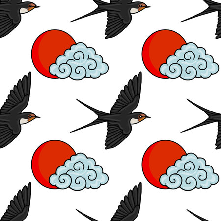 Seamless vector pattern of flying swallows and a red sun with stylized clouds, Japanese styleのイラスト素材