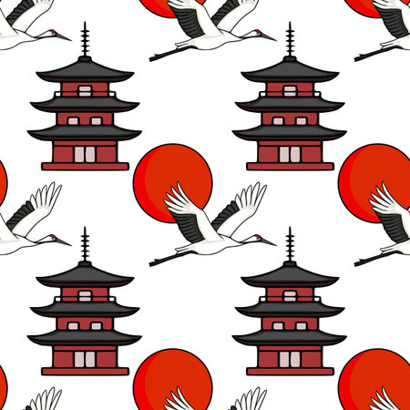 Seamless Japanese vector pattern with flying cranes, pagodas, and red sunのイラスト素材