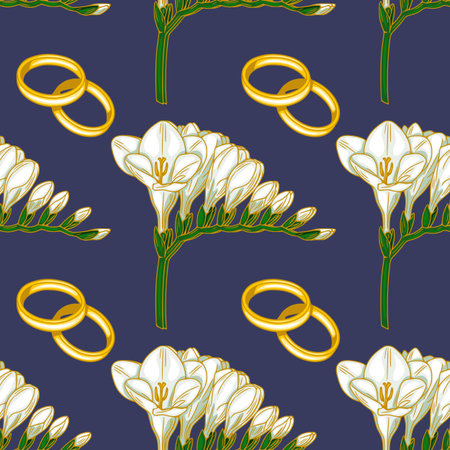 Seamless vector pattern of elegant white freesia flowers and golden wedding rings on a deep blue background.のイラスト素材