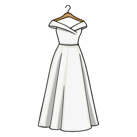 Elegant white wedding dress on a wooden hanger, vector illustrationのイラスト素材