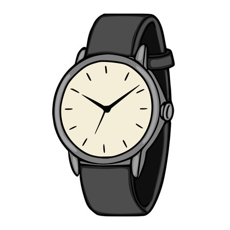 Minimalist vector illustration of a classic analog wristwatch with a cream dial and black leather strapのイラスト素材