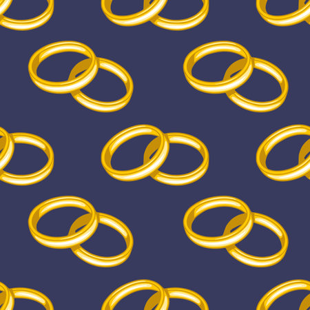 Seamless vector pattern of intertwined golden wedding rings on a deep blue backgroundのイラスト素材