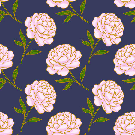 Seamless vector pattern of delicate pink peonies with green leaves and gold outlines on a dark blue background.のイラスト素材