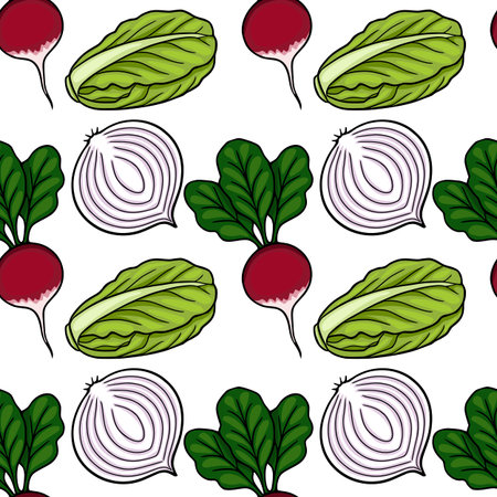 Seamless vector pattern of fresh radishes, lettuce leaves, and red onion halves, vibrant hand-drawn styleのイラスト素材