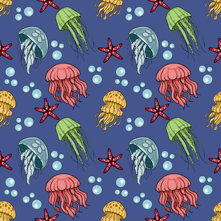 Seamless vector pattern of colorful jellyfish and starfish on a deep blue background with bubbles