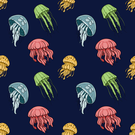 Colorful vector pattern of diverse jellyfish swimming on a dark blue background, seamless...