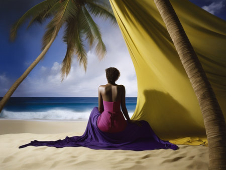 Rear view of a young woman sitting in a hammock on the beach. AI Generatedの素材