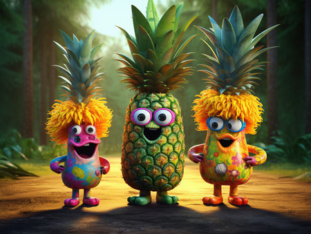 Funny pineapple family in the jungle. 3D rendering. Toned. Summer vacation concept. Created with generative AI technology. AI Generatedの素材