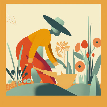Gardener working in the garden. Flat design vector like illustration. AI Generated.の素材