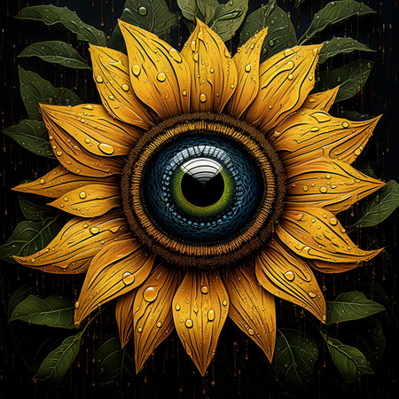Eye in the heart of a sunflower in yellow and green. Digitally created.の素材