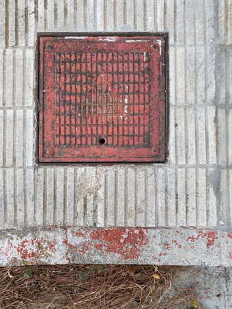 Old rusty manhole cover on the concrete pavementの写真素材