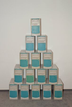 A pile of old computers is waiting for recycling
