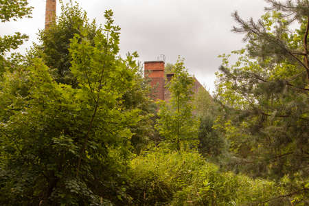 An old ruined factory building is overgrowing with plantsの写真素材