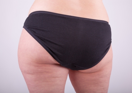 An elderly woman is in her underwear in front of the cameraの写真素材