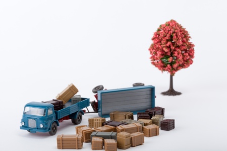 A loaded trailer has overturnedの写真素材