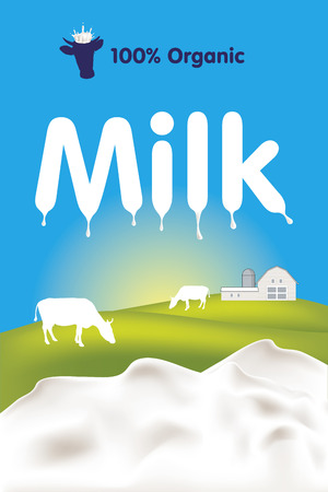 Organic milk label with splashes, cows and farm のイラスト素材