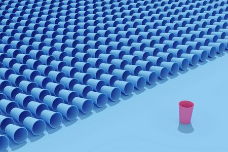 Empty metal cans and disposable papeper cups with plastic lids. Flat lay with hard shadows. 3d rendering.の写真素材