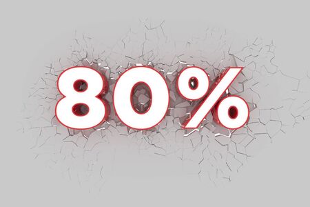 80% Discount 3d Sign breking wall. Special Offer Discount Tag. 3D illustration