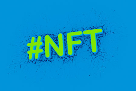 NFT Finance banner for decentralized financial system, cryptocurrency, blockchain, and digital...