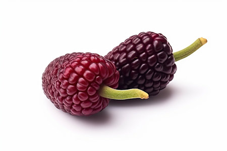 Vibrant half-cut ripe mulberry isolated on white background.