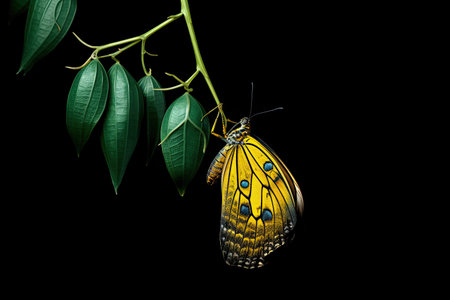 Common grass yellow butterfly emerges from cocoon against black backdrop