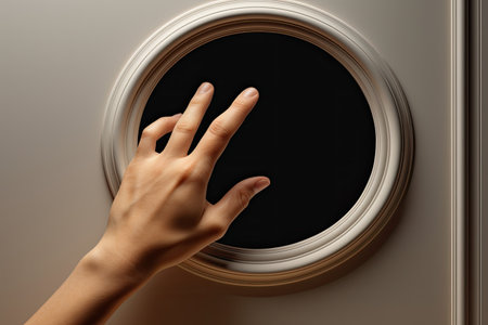 Hand holding box through oval windowの写真素材
