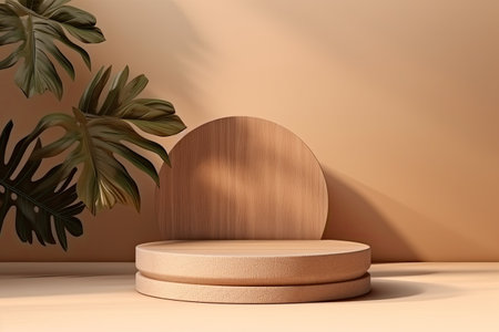 Stylish wooden podium for showcasing products, complemented by leaf shadows. Perfect for captivating product presentations.の写真素材