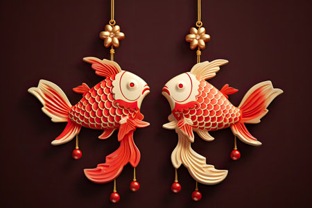 Exquisite Old Oriental Chinese New Year twin fish ornaments for decorative purposesの写真素材