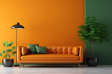 Green wall, orange leather sofa, minimal decor - a refreshing blend for your living room.の写真素材