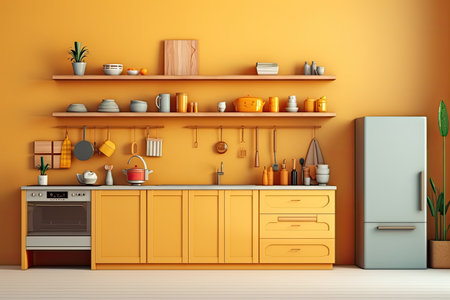 Cozy kitchen Wooden shelf, yellow wall.の写真素材