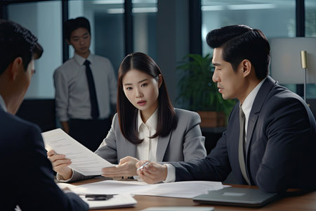 Young Asian advisor presenting papers to Latin client and colleagues, discussing tax contracts in...