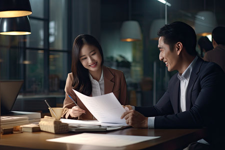 Young Asian advisor presenting papers to Latin client and colleagues, discussing tax contracts in office meeting.の写真素材