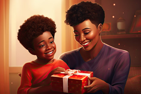 Joyful Father's Day: African American boy gifting dad at home.