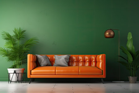 Green wall, orange leather sofa, minimal decor - a refreshing blend for your living room.の写真素材